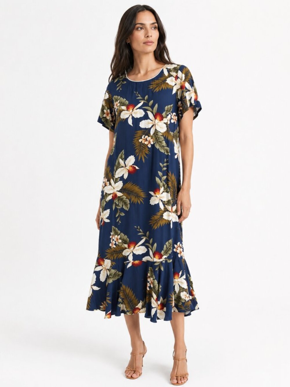 TWO PALMS NAVY HAWAIIAN FLORAL SHORT SLEEVE TRUMPET RUFFLE MAXI DRESS - S